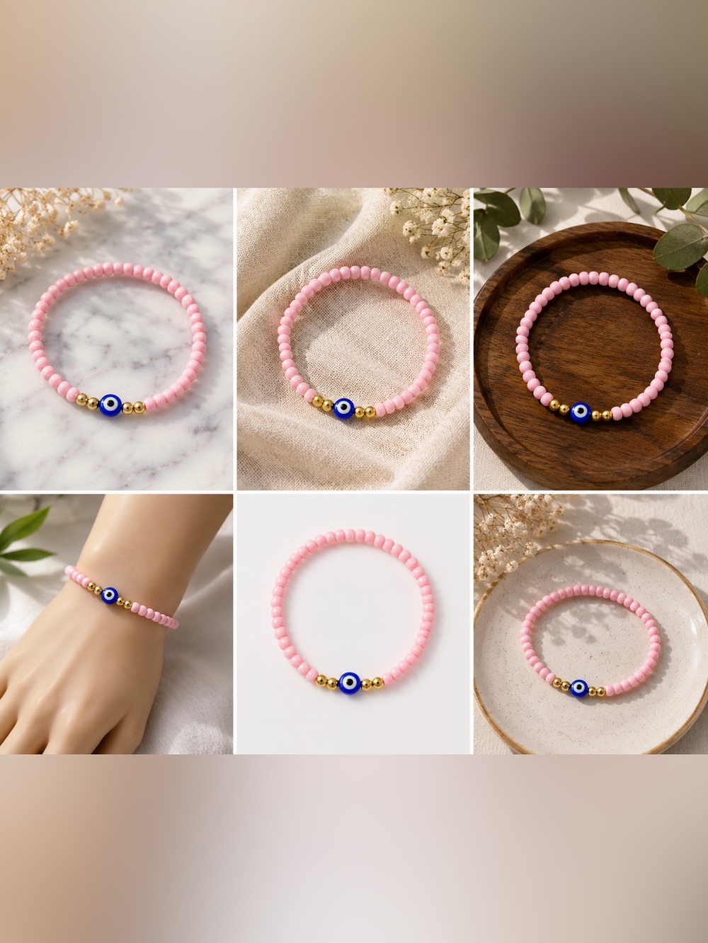 Pink Beaded Evil Eye Stretch Bracelet #16